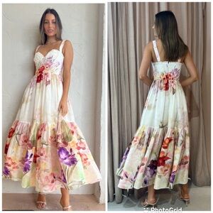 floral midi dress a line Mac Duggal - Multicolor Floral Scoop Neck A-Line Ruffle Midi Dress main image 1